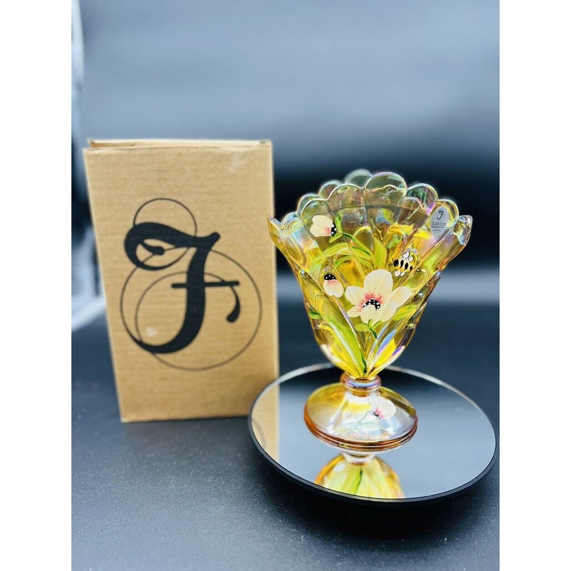 Fenton Autumn Gold Glass Plume Fan Vase Bumble Bee Hand