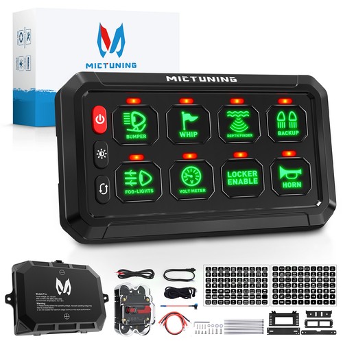 MICTUNING 8 Gang Switch Panel Green LED Light Bar Relay System Marine Boat 24v