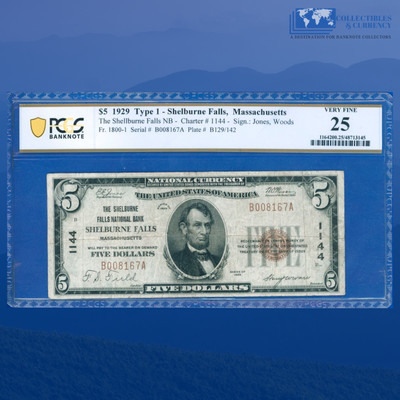 Fr.1800-1 1929 $5 National Bank Of SHELBURNE FALLS, MA, Charter #1144, PCGS 25