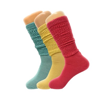 3 Pairs Pack Colorful Slouch Scrunch Knee High Sock with Thin Sole Size 9-11