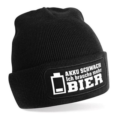 Beanie Mütze mit Spruch AKKU SCHWACH ICH BRAUCHE MEHR BIER – Strickmütze