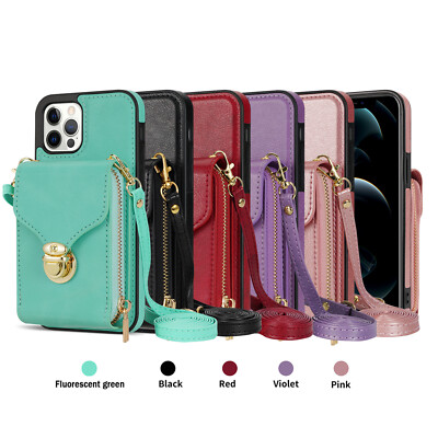 For iPhone 16 Pro Max 14 15 With Crossbody Strap Zipper Wallet Case Slim Cover