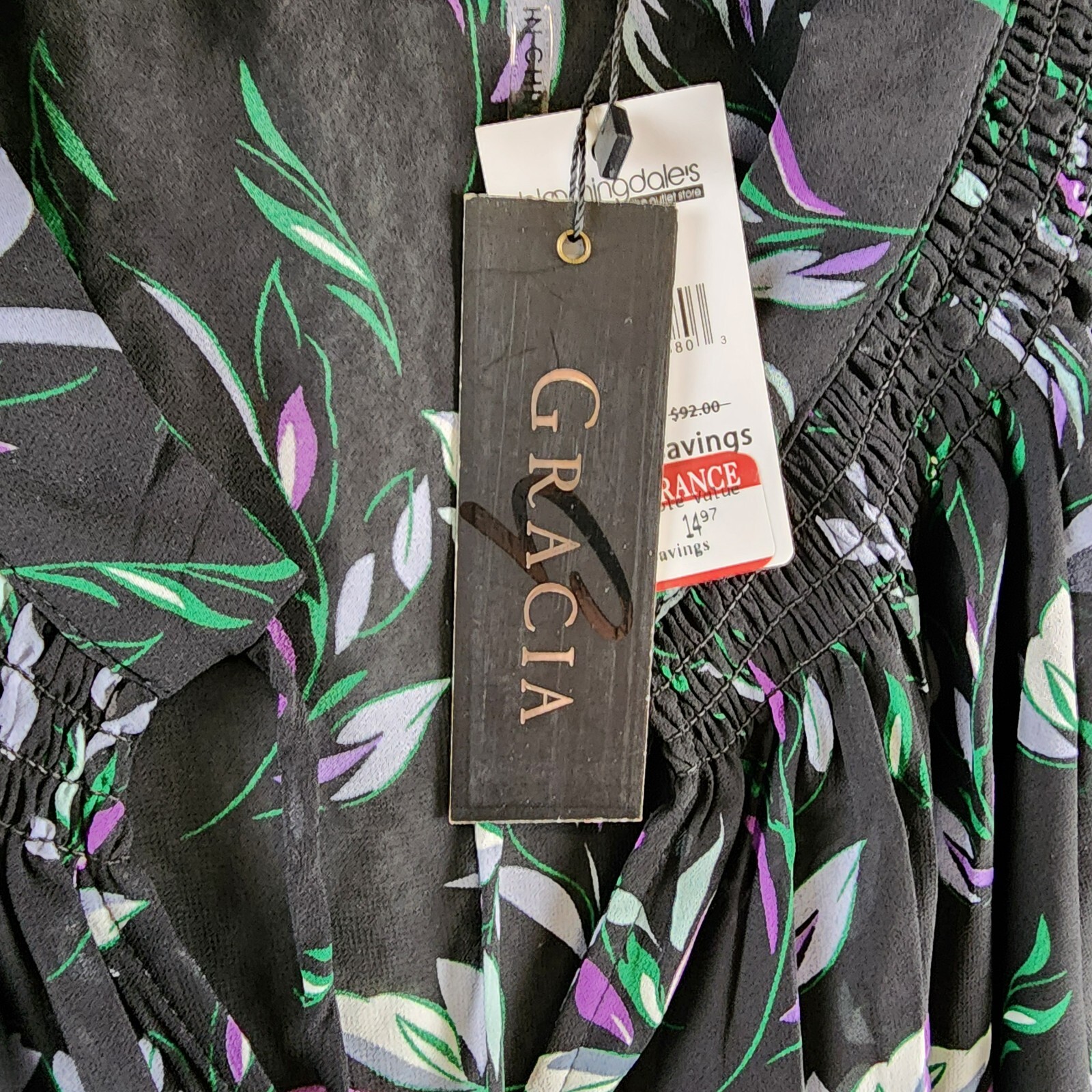 Gracia Floral Button Front Blouse Women's M Black Multi Shirred Long Sleeve - Picture 6 of 14