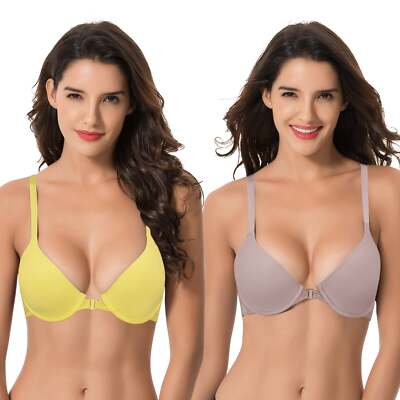 Women's Plus Size Full Coverage Underwire Front Close Bras-2PK-Yellow,Grayish