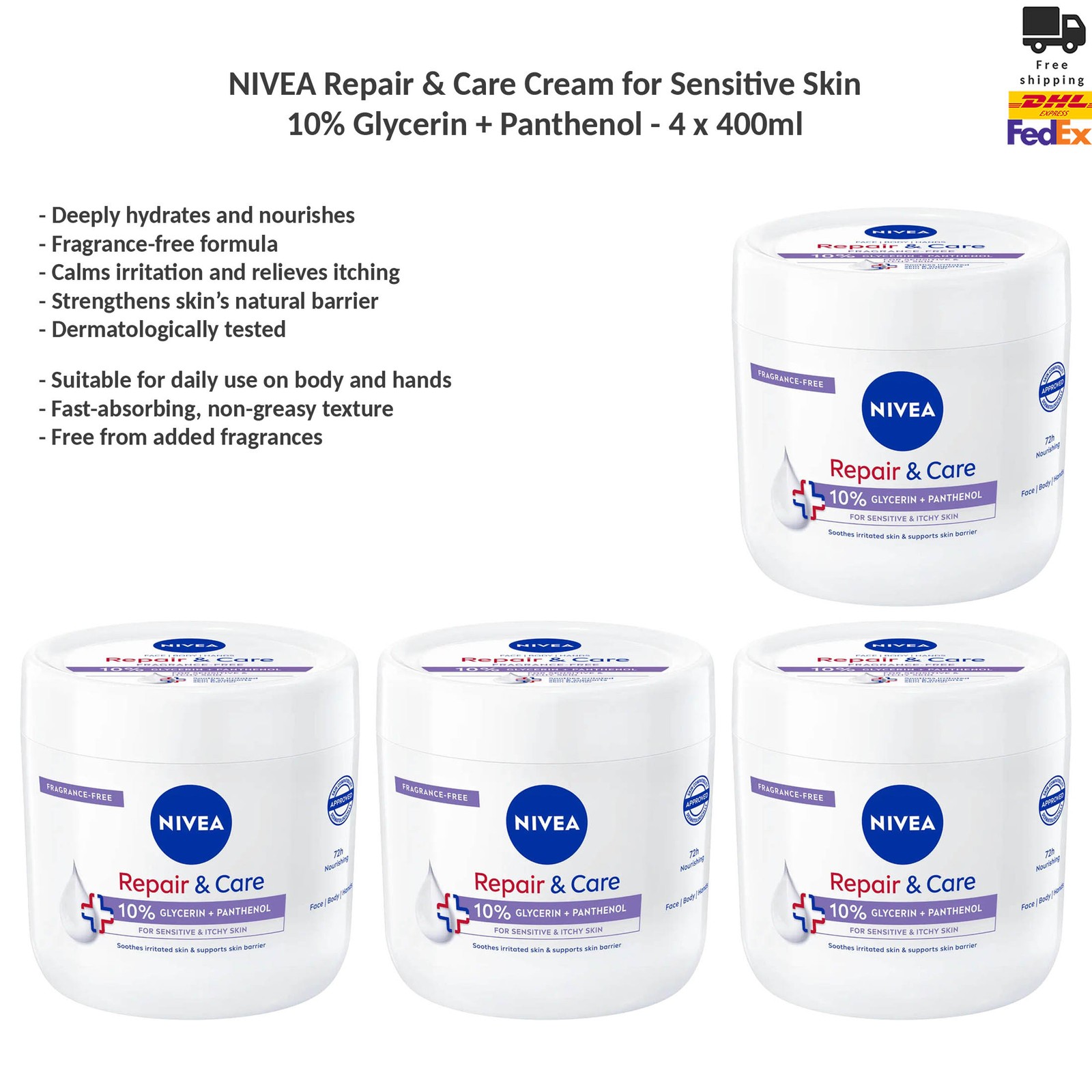NIVEA Repair & Care Sensitive Body Cream Intensive Care for Sensitive Skin x4