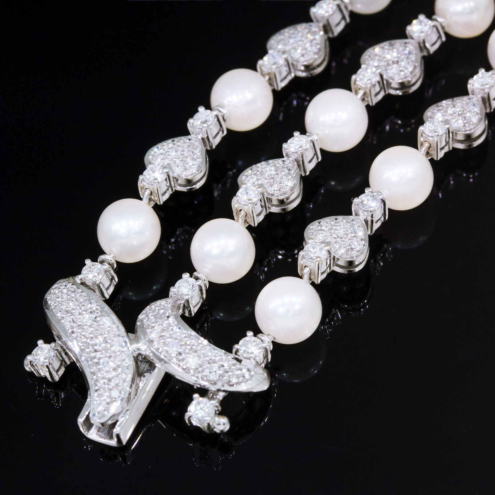 6 ct Diamond and Akoya Pearl Triple Strand Tennis Bracelet 18k White Gold Estate