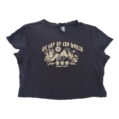 H&M Divided On Top of the World  Cropped Graphic Tee Womens XL Black & Off White