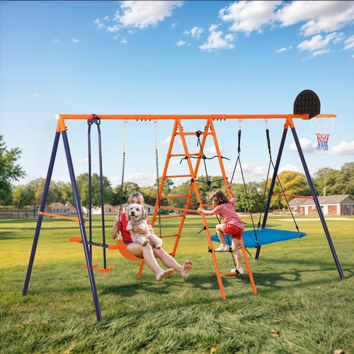 6-in-1 Kids Swing Set Backyard Playground Set Metal Swings Set for Kids Outdoor