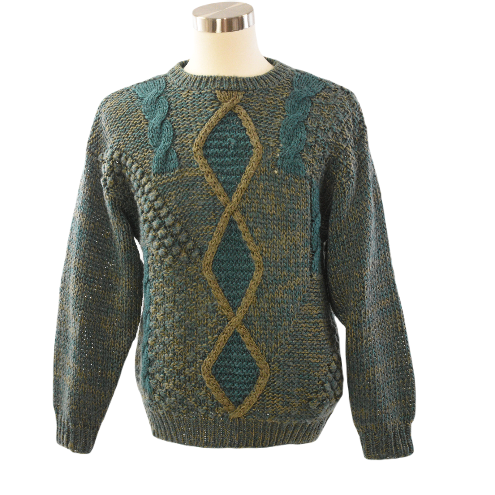 80s Vintage Popcorn Knit Sweater Mens M Baggy Teal Fisherman Irish