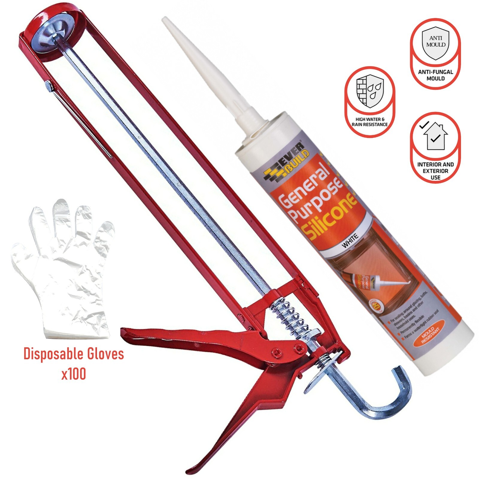 Everbuild General Purpose White Silicone C3 Cartridge 280ml Sealant Gun Gloves