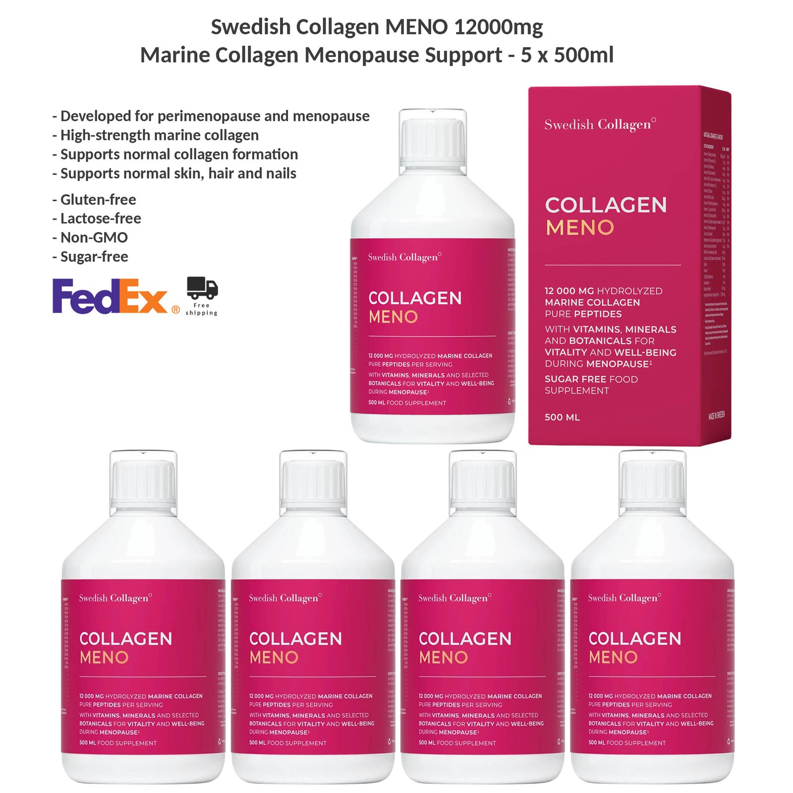 Swedish Collagen MENO 12000mg Marine Collagen Premium Menopause Support 5x500ml
