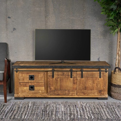 Madge Farmhouse Wood and Metal Drawers & Shelves TV Stand