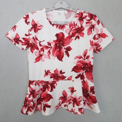 DOUBLJU Womens Blouse White Red Floral Peplum Top Tunic Short Sleeve Size L