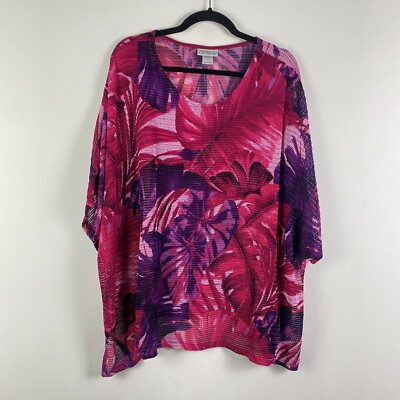 Catherines Blouse Size 5X Mesh Open Weave Tropical Floral Short Sleeve