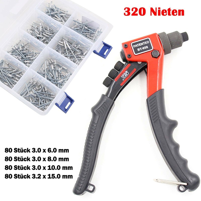 Profi Blindnietenzange inkl. 320tlg Blindnieten Sortiment Blindnietzange Set Alu