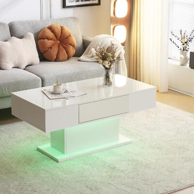 High Gloss Coffee Table LED Lights White Black Center Cocktail Table Living Room