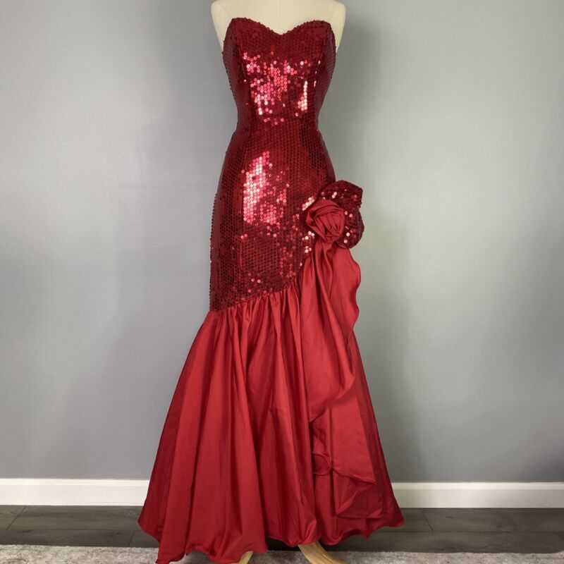 RETRO 80S Vintage Red Sequin PROM PARTY Taffeta DRESS  Princess M/L Nadine Union