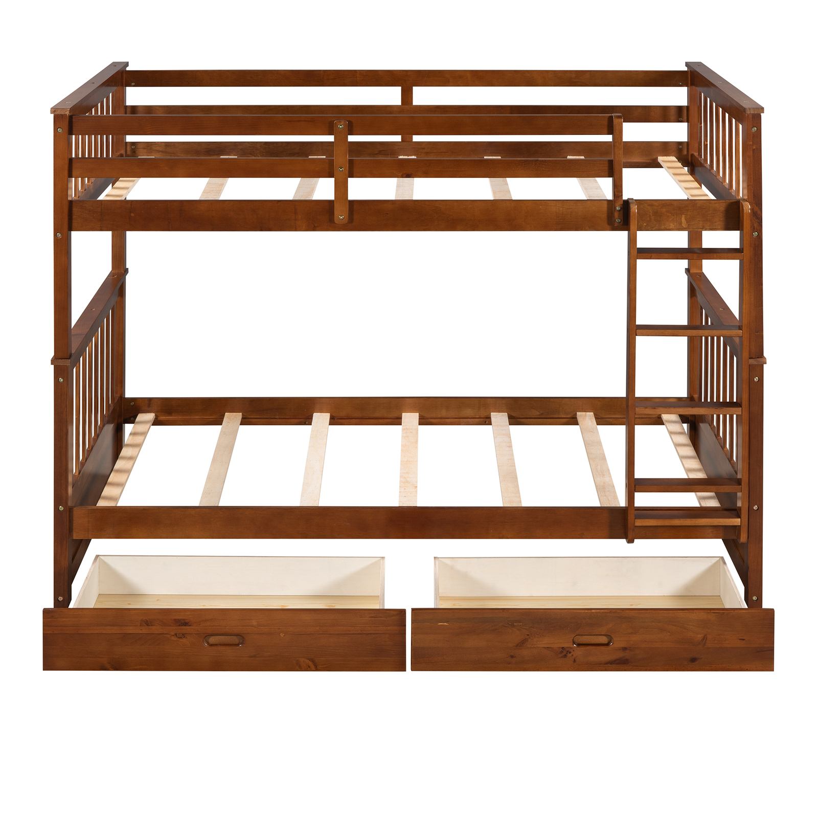 Wooden Twin-Over-Twin Bunk Bed Frame with Ladders and Two Storage Drawers Walnut