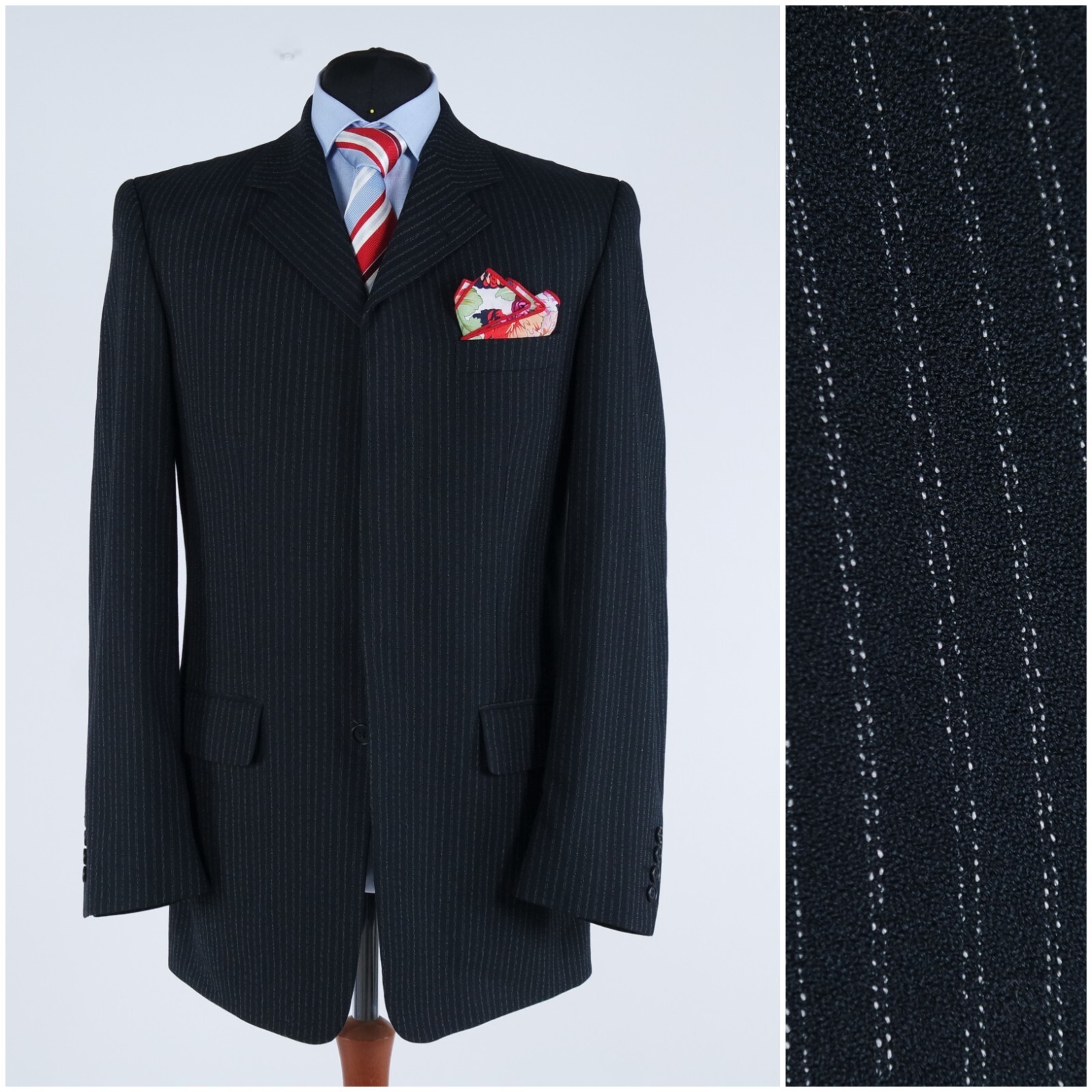 Mens Striped Black Blazer 42L UK Size EMILIO BOSCA Wool Sport Coat Jacket