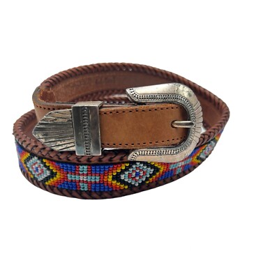 Vintage LL Bean Southwest Belt Size 32 Beaded Brown Leather Braided 1991 Native