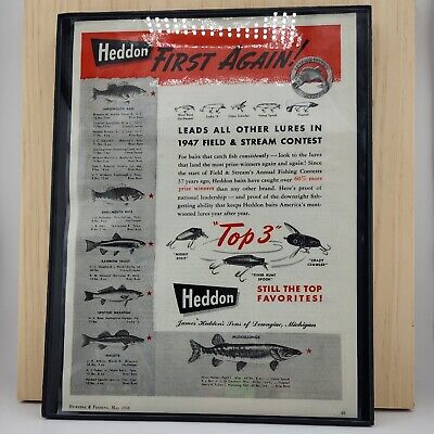 Vintage Original 1948 HEDDON "Top Three" MAGAZINE ADD LAMINATED AND FRAMED