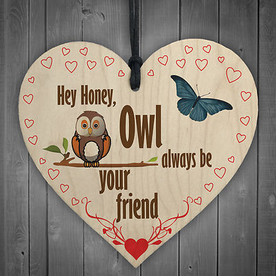 Owl Always Be Your Friend Wooden Hanging Heart Plaque Sign Cute Friendship Gift