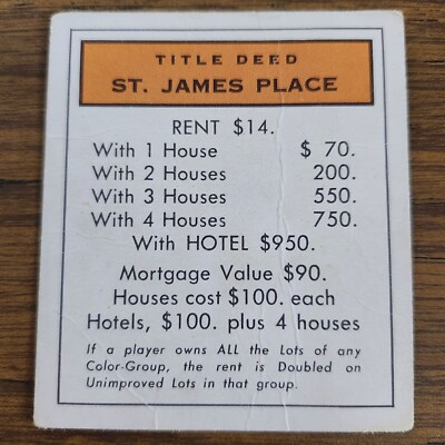 Replacement St James Place Title Deed Card Regular Basic Monopoly b