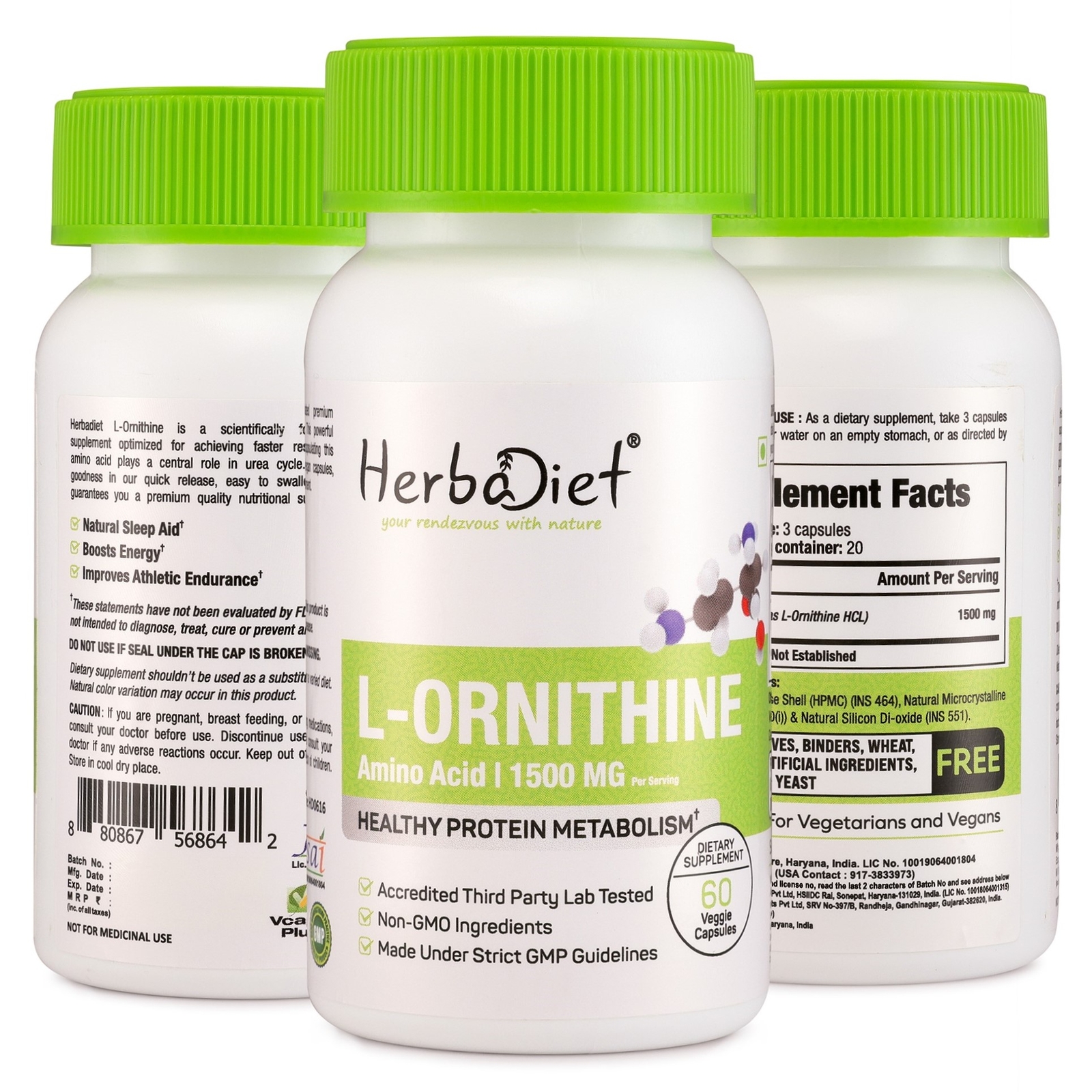 L-Ornithine Capsules Protein Metabolism Boosts Energy Sleep Aid Cardio Health - Picture 4 of 4