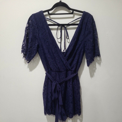 48$ NEW Womens Small Francescas Navy Lace Romper With Tie Waist