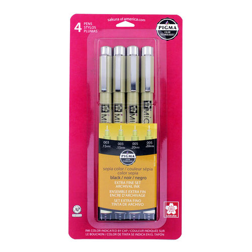 50047 Micron Blister Card Ink Pen Set, Black/Sepia, 4pcs