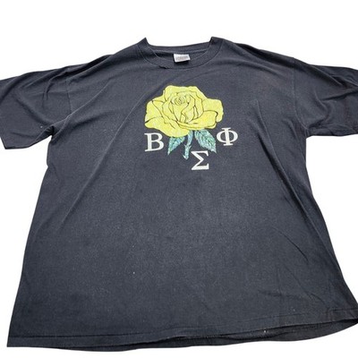 Vintage Oneita Beta Sigma Phi Yellow Rose Glitter Graphic T-Shirt Black XXL