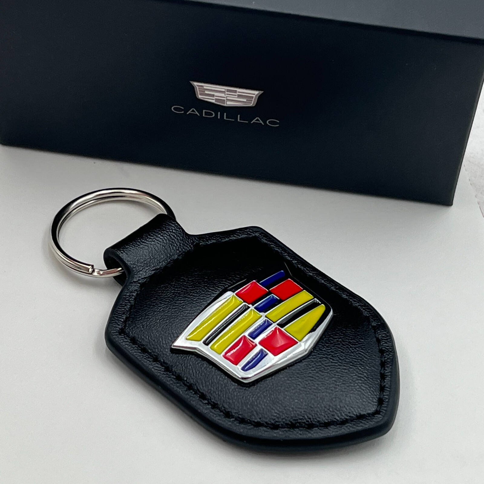 Black Leather Keychain Cadillac Metal Enamel Emblem Key Fob Gift Accessory New