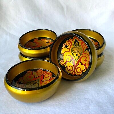 Russian Khokhloma Bowls, Set of 6, Wood, Handpainted 3.5  diameter