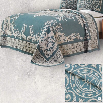 Superior Jacquard Cotton Blend Woven 2 Twin Bedspreads Cerulean Blue India Nice!