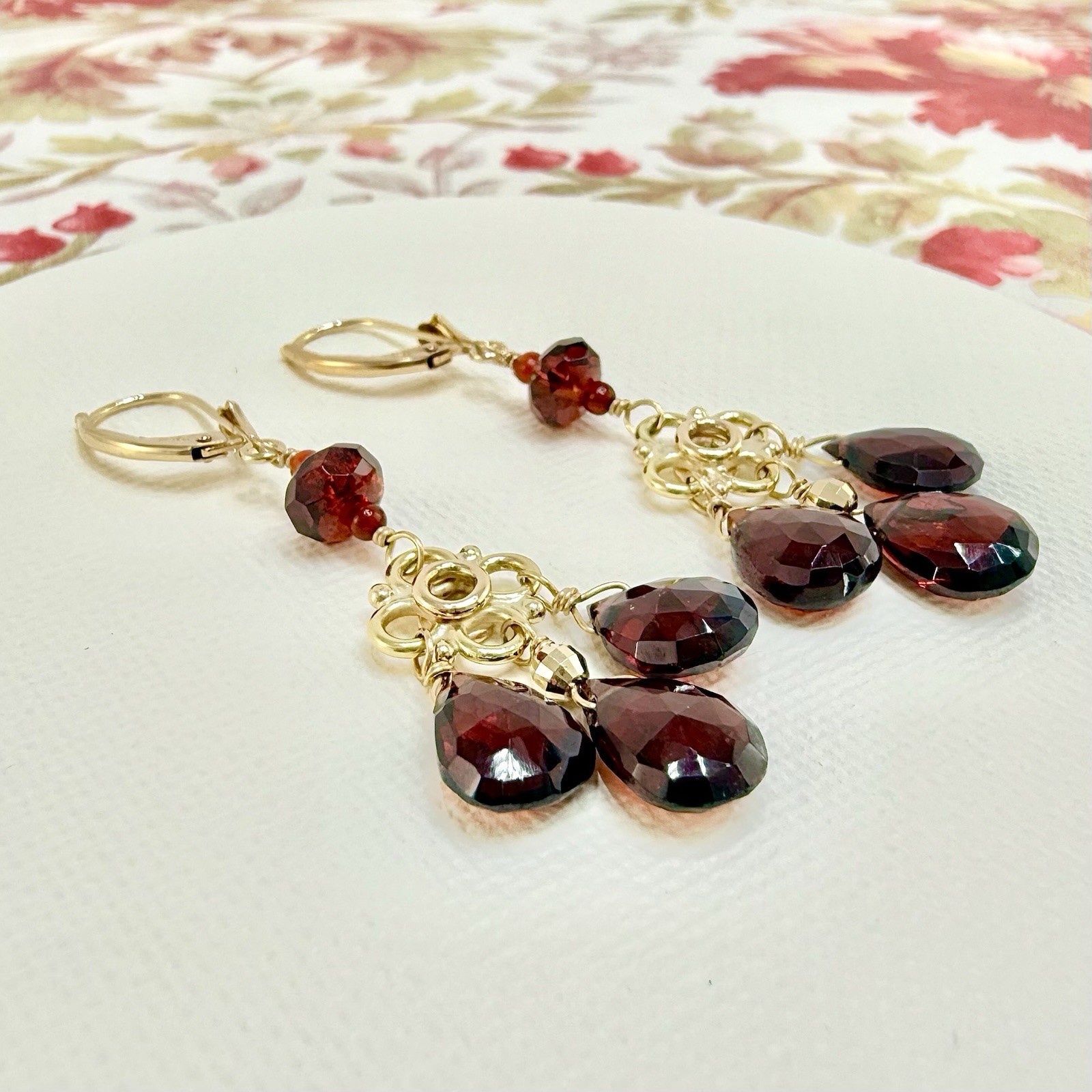 14k Yellow Gold Genuine Garnet Chandelier Dangle/Drop Earrings, New, 2.10