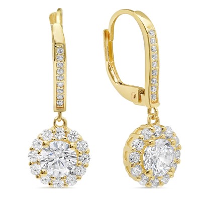 Pre-owned Pucci 3.35ct Round Simulated Diamond Halo Lever Back Drop Earrings 14k Yellow Gold