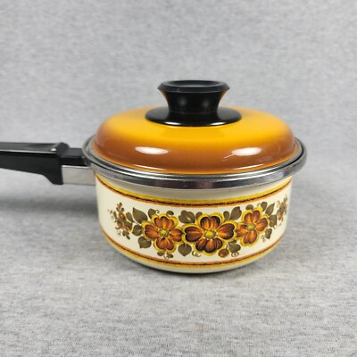 CHIPPED! Vintage 1970's Small Sauce Pan Enamelware Burnt Orange Flowers