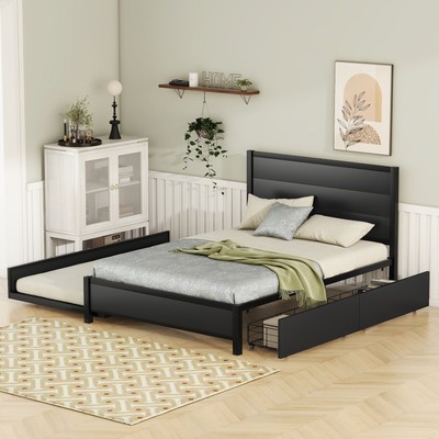 Metal Full Size Storage Platform Bed with Twin Size Trundle, 2 Drawers, Black