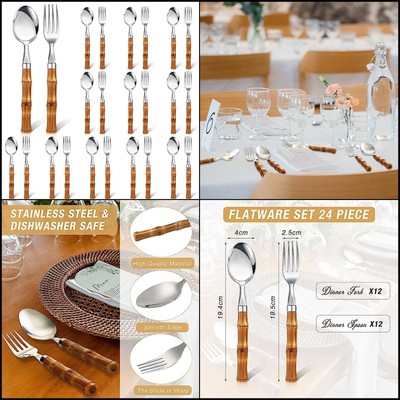 Set 12 Bamboo Utensils Cutlery Silverware Stainless !!