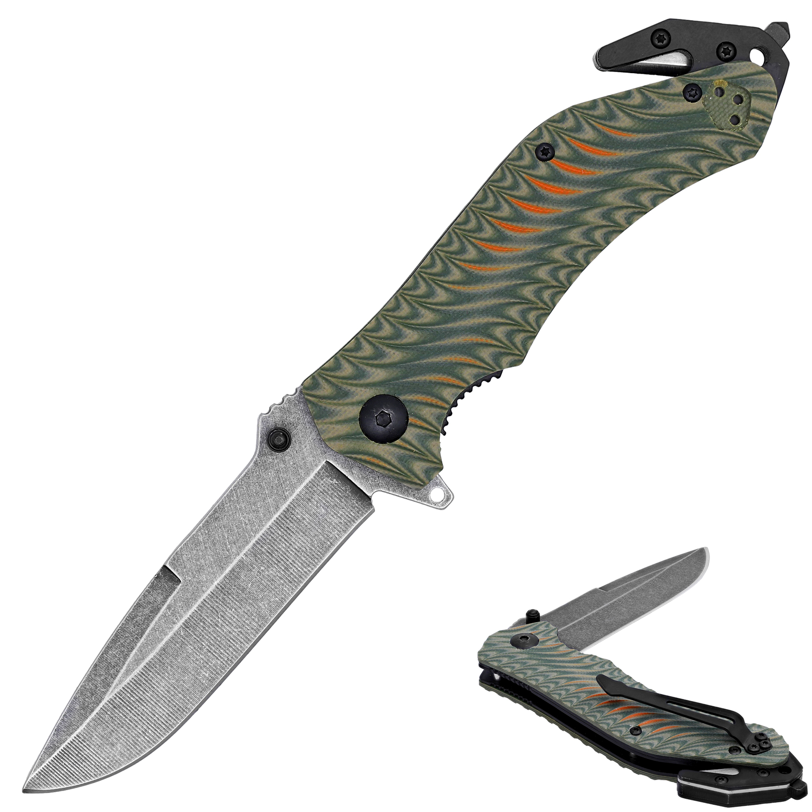 Spring Assisted Folding Hunting Knife Stainless Blade Stone Wash with G10 Handle