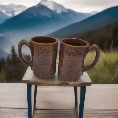 Set of 2 Antique Bennington Rockingham Pottery Brown Acanthus Leaf Mug 3.25''x 5''