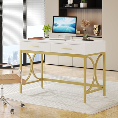 White Gold Study Writing Desk with 2 Drawers, Modern Computer Desk w/ Storage