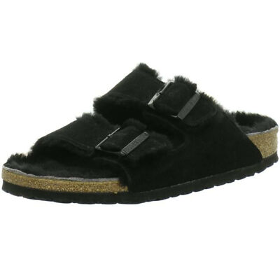Pre-owned Birkenstock Arizona Sandals Slippers Clogs Wool Felt Mule Shearling Leather Sued In Black