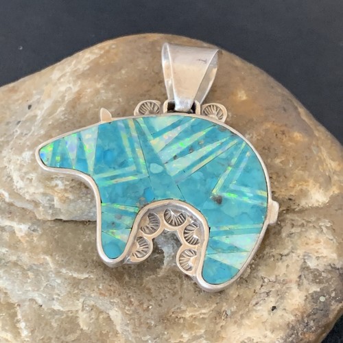 Pre-owned Handmade Mens Blue Turquoise & Opal Bear Navajo Sterling Silver Inlay Pendant 12602