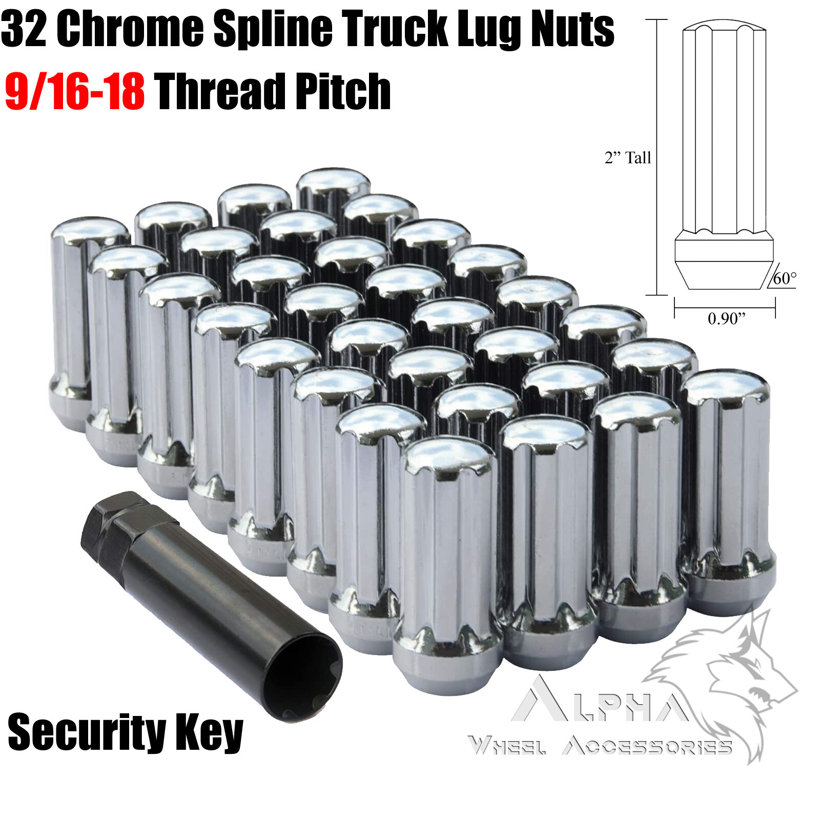 32 Chrome Spline Lug Nuts 9/1618 Fits Chevy C20 C30 K20 K30 + Security
