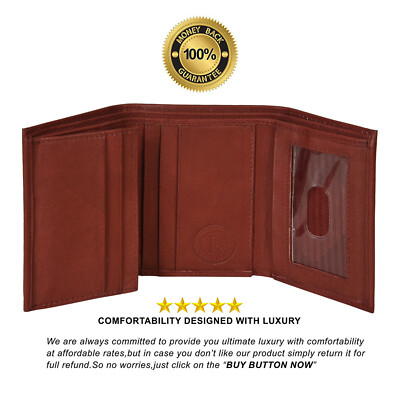 Leatherboss Mens Trifold 4 Fold Leather 2 money pockets, 2 Id slots,1 gift bag 