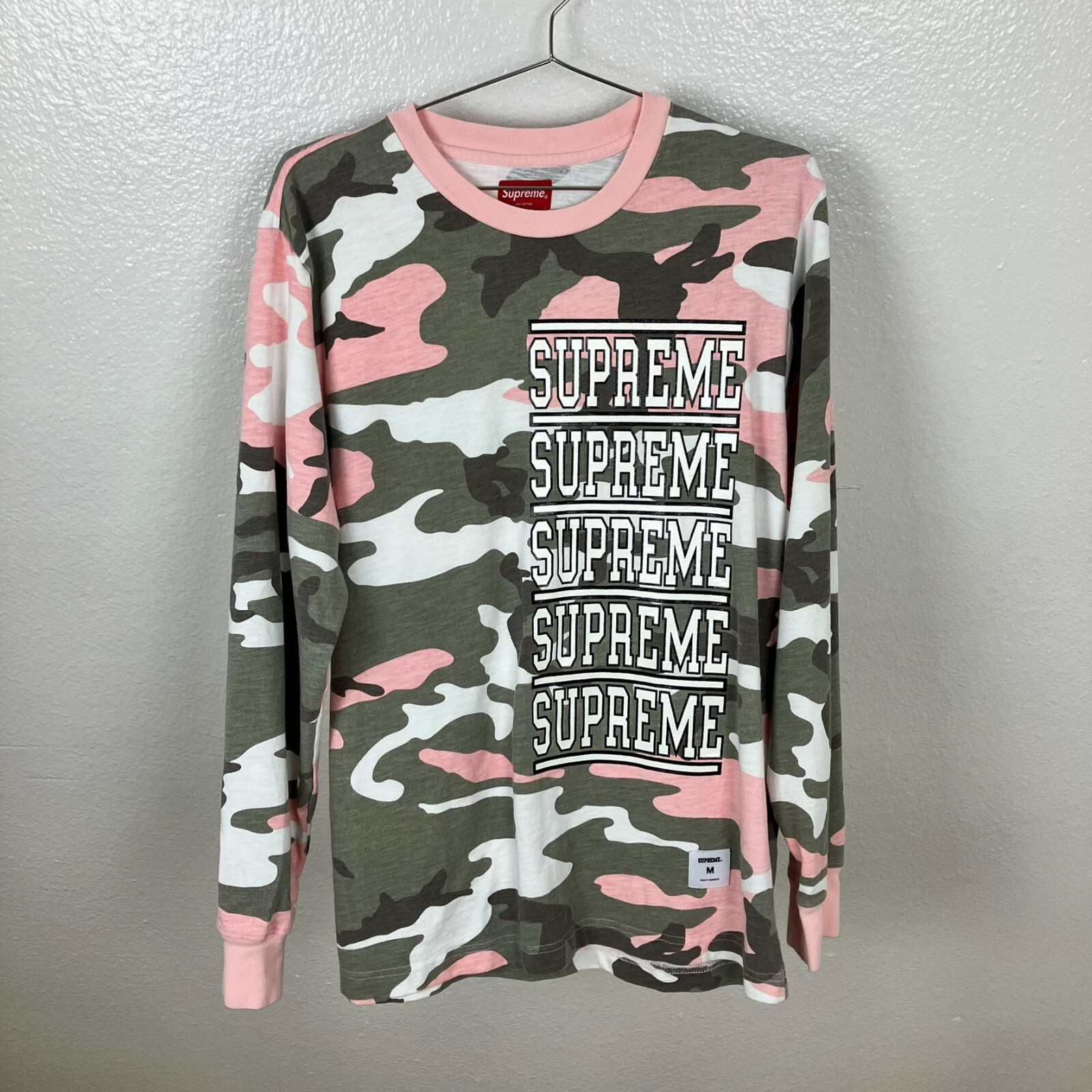 Supreme Pink Camo Long Sleeve Shirt Mens M Stacked Logo