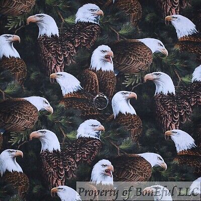 BonEful Fabric Cotton Quilt Green Brown White Bald Eagle Head America Bird SCRAP