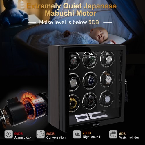 DUKWIN Automatic 9 Watches Watch Winder LCD Remote Control Display Box Case LED