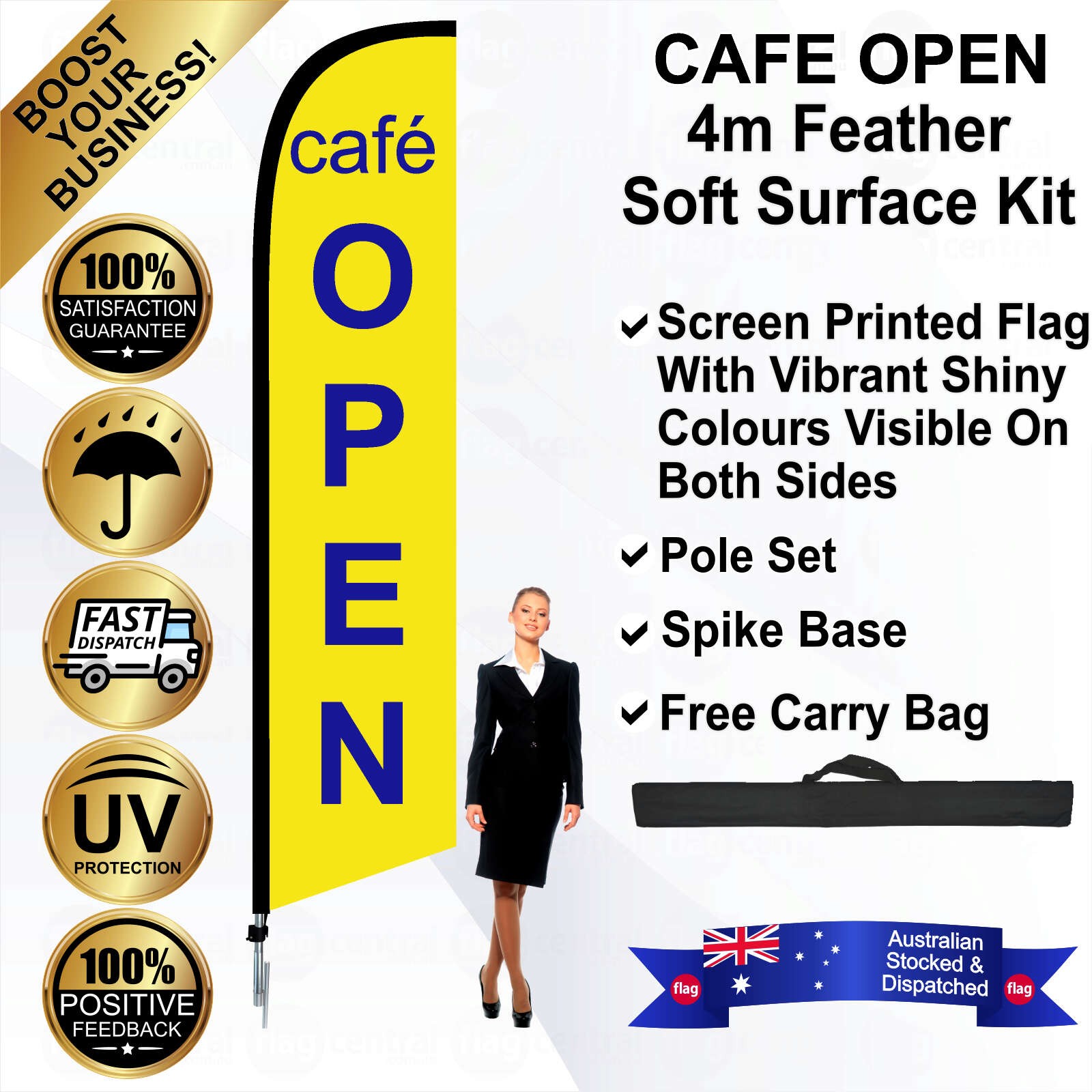 CAFE OPEN Yellow 4m Feather Flag / Banner Kit with Pole Set, Galvanised Steel Ground Spike and a Free Carry Bag
